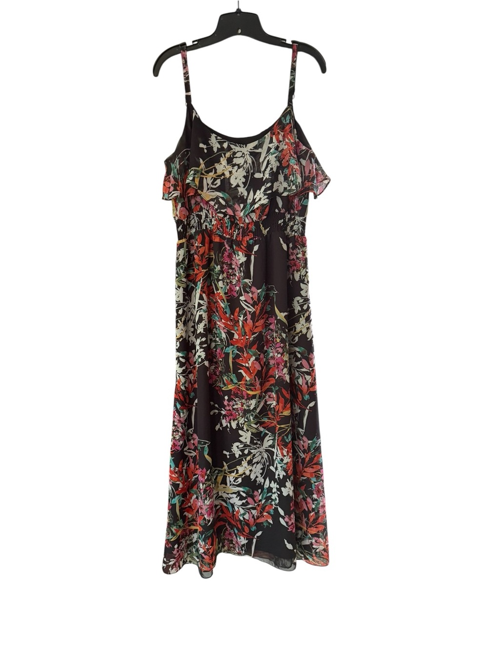 Black Floral Smocked Chiffon Tiered Boho Maxi Dress Ruffle Size Large - Picture 10 of 15